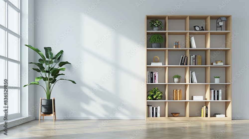 Fototapeta premium Modern bookcase, minimalist, isolated white background