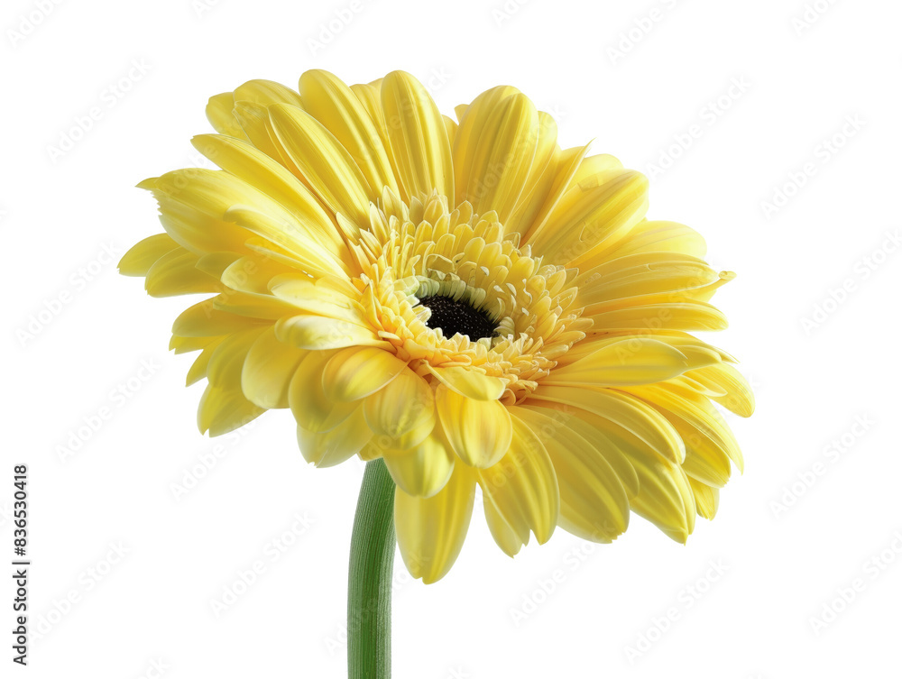 A close-up image of a vibrant yellow gerbera daisy flower in full bloom isolated on a white background. A close-up image of a vibrant yellow gerbera daisy flower in full bloom isolated on a white background.