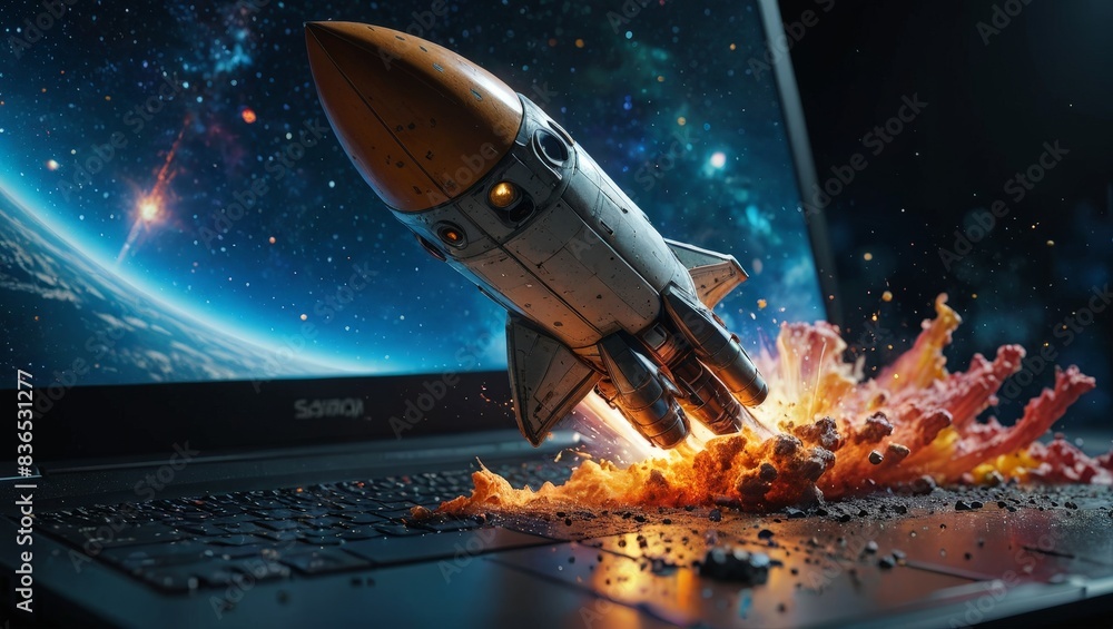 Obraz premium Rocket Launching From Laptop Screen