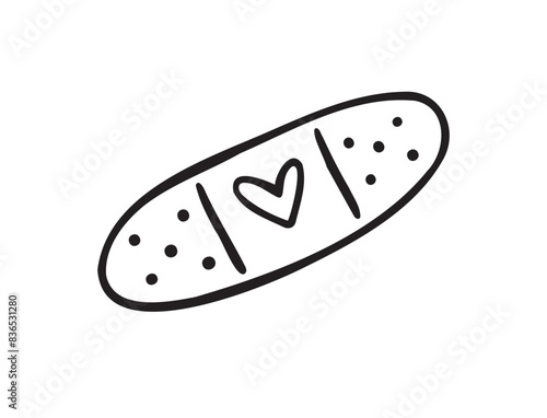 Hand drawn aid band plaster with heart care isolated on white background. doodle outline style