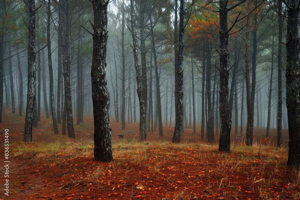 Pine forest in the fog, many trees, red earth and brown leaves on the ground,