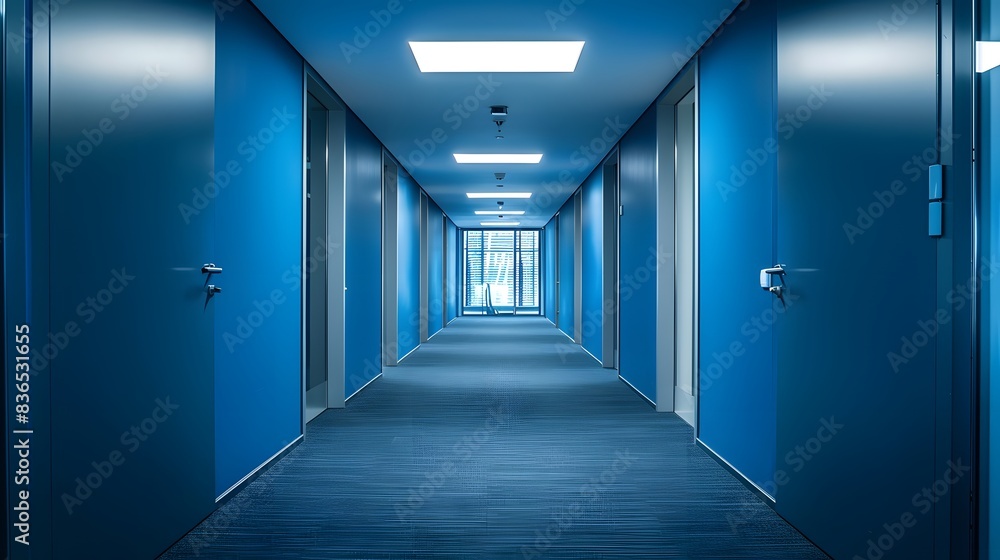 blue corridor in building, modern office room