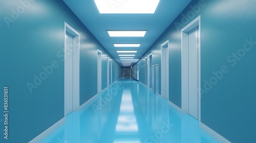 blue corridor in building, modern office room