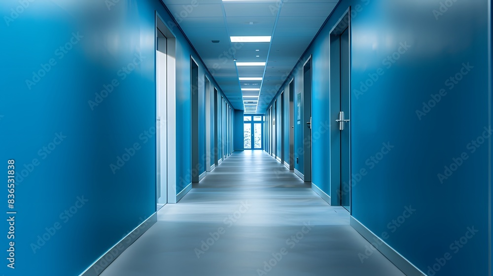 blue corridor in building, modern office room blue corridor in building, modern office room