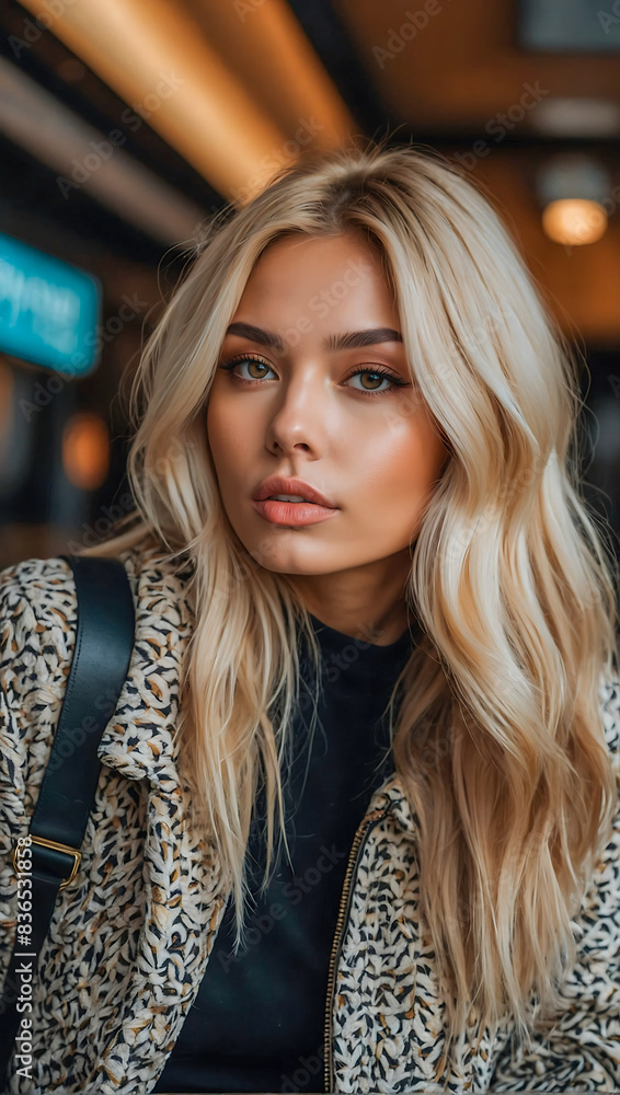 Stunning portrait of a beautiful woman influencer and model with blonde hair highlights