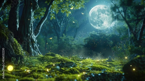 Photorealistic magical forest at night with a full moon  glowing fireflies and a mossy ground 