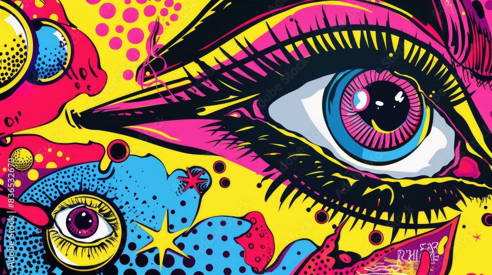 Comics illustration, retro and 90s style, pop art pattern, abstract crazy and psychedelic background Comics illustration, retro and 90s style, pop art pattern, abstract crazy and psychedelic background