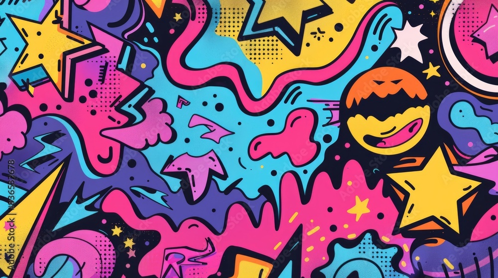 Comics illustration, retro and 90s style, pop art pattern, abstract crazy and psychedelic background Comics illustration, retro and 90s style, pop art pattern, abstract crazy and psychedelic background