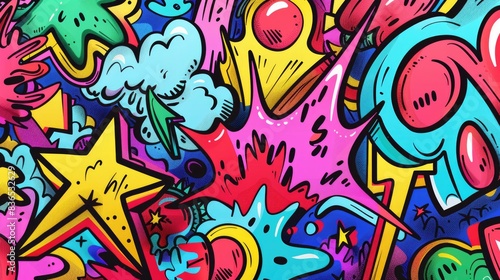 Comics illustration, retro and 90s style, pop art pattern, abstract crazy and psychedelic background