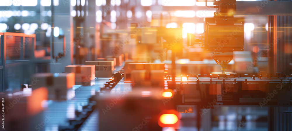 Fototapeta premium Automated packaging machines in action close up, focus on, copy space Hightech and efficient scene Double exposure silhouette with machinery and packages.
