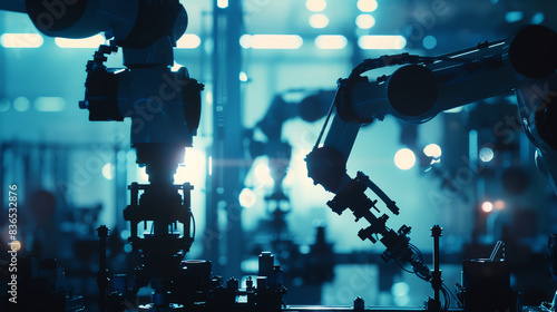 Automated assembly line in a modern factory close up, focus on, copy space Hightech and efficient tones Double exposure silhouette with robots and machinery.