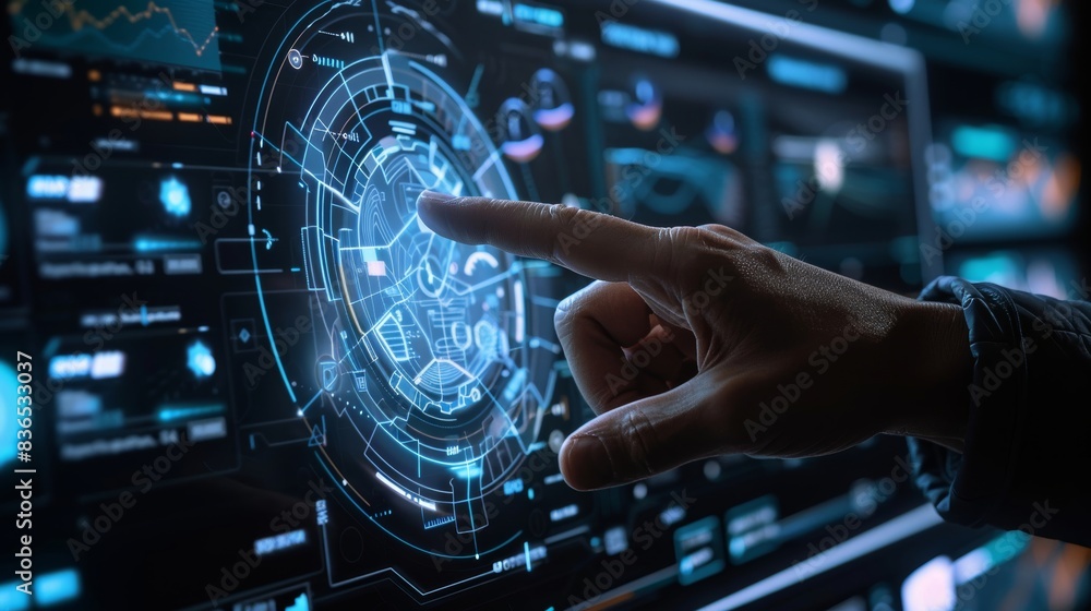 Digital Insights Hand Interacting with Futuristic Holographic Data Display Digital Insights Hand Interacting with Futuristic Holographic Data Display