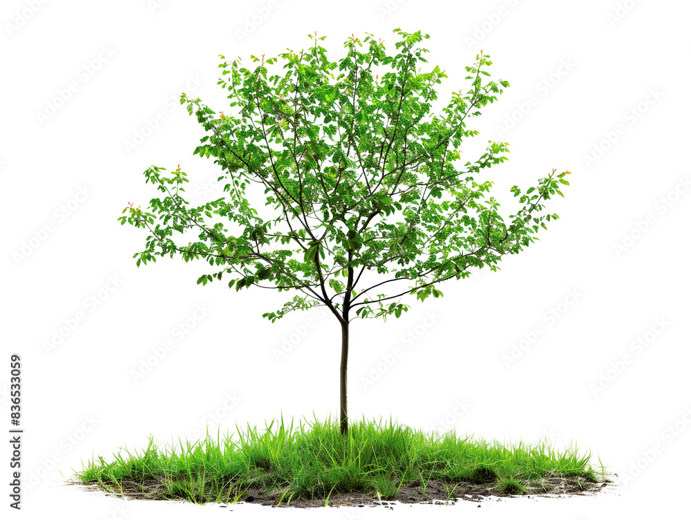 Green tree with lush foliage standing on grass, isolated on white background. Perfect for nature, environment, or garden themes. Green tree with lush foliage standing on grass, isolated on white background. Perfect for nature, environment, or garden themes.
