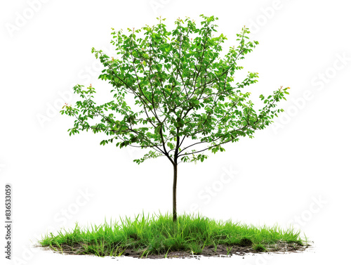 Green tree with lush foliage standing on grass, isolated on white background. Perfect for nature, environment, or garden themes.