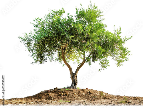 Isolated green tree with lush foliage on a small mound of soil against a white background. Perfect for nature and environmental concepts.