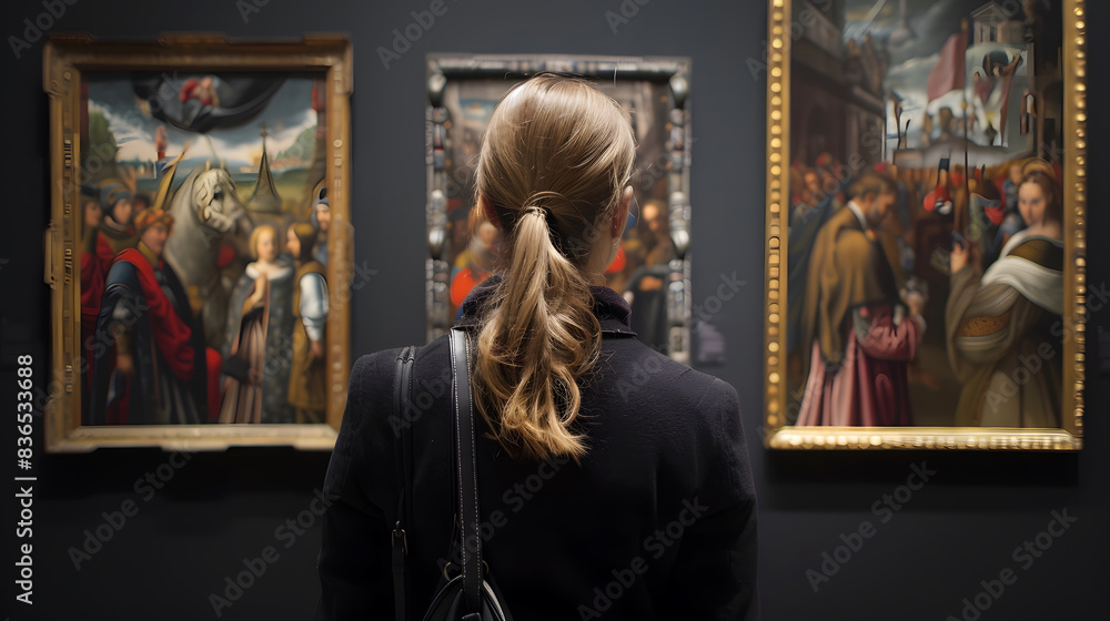 A woman viewing paintings in art gallery. black coat, blonde hair, framed oil paintings, historical scenes, dark wall background A woman viewing paintings in art gallery. black coat, blonde hair, framed oil paintings, historical scenes, dark wall background