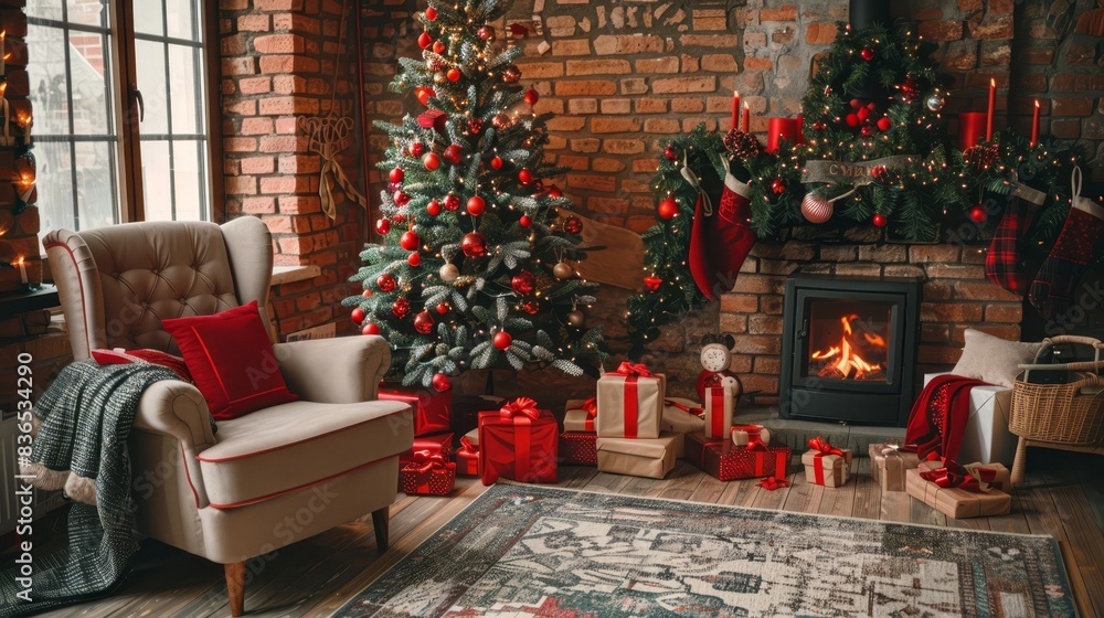 Elegant Christmas tree with gifts and decorations in cozy living room Elegant Christmas tree with gifts and decorations in cozy living room