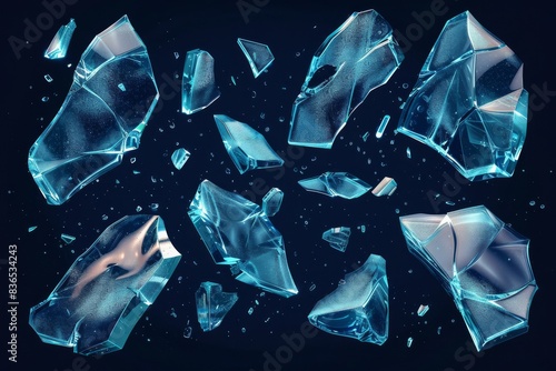 A realistic modern illustration set showcases shattered mirror pieces, with splintered shards resembling beaten crystal or ice flying through the air.






