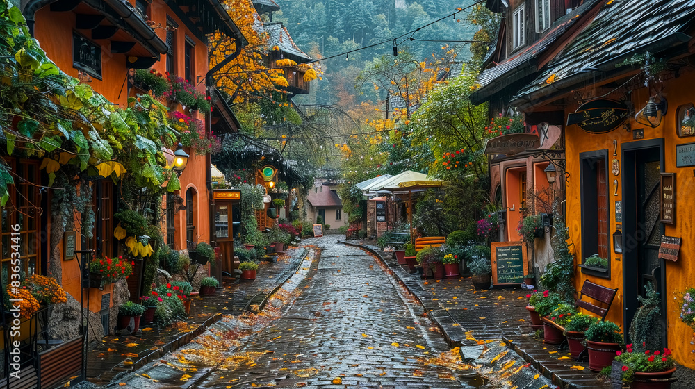 Fototapeta premium Historic European Street: Charming Cobblestone Alley with Cafes