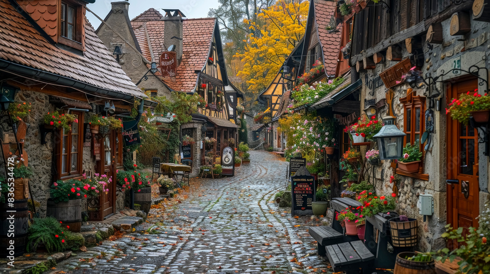 Fototapeta premium Historic European Street: Charming Cobblestone Alley with Cafes