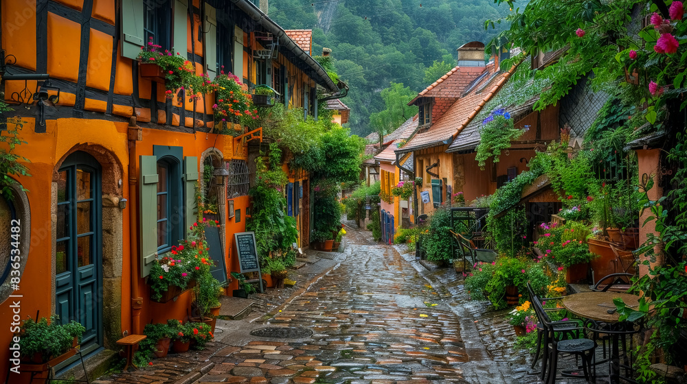 Historic European Street: Charming Cobblestone Alley with Cafes Historic European Street: Charming Cobblestone Alley with Cafes