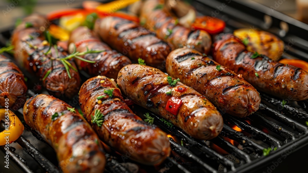 Grilled sausages and vegetables on a barbecue, Grilled sausages and vegetables on a barbecue,