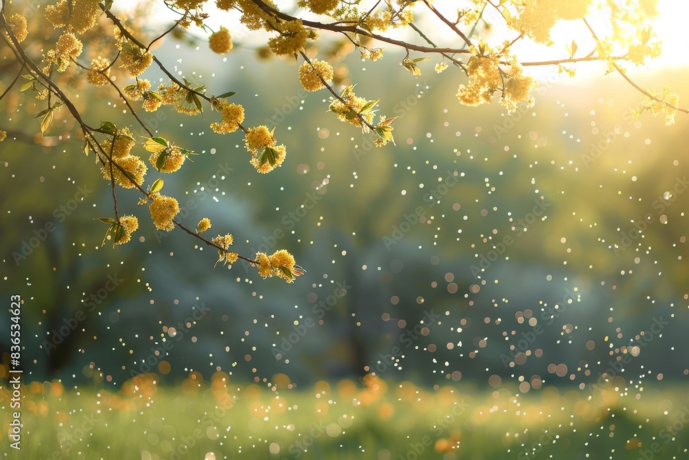 In spring, tree branches sway amid pollen floating in the air, marking the onset of allergy season.