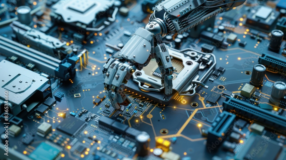 AI robot finger hand on background of future technology auto advanced semiconductor chip motherboard. AI robot finger hand on background of future technology auto advanced semiconductor chip motherboard.