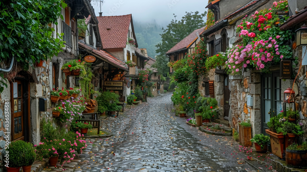 Fototapeta premium Historic European Street: Charming Cobblestone Alley with Cafes