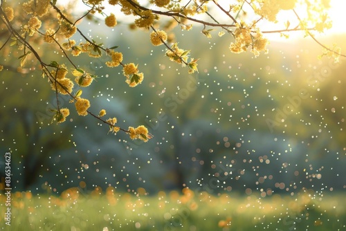 Obraz na płótnie In spring, tree branches sway amid pollen floating in the air, marking the onset of allergy season.
w salonie