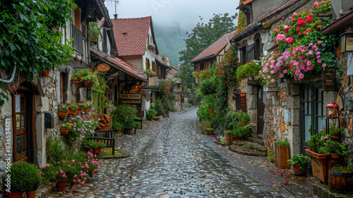 Historic European Street: Charming Cobblestone Alley with Cafes