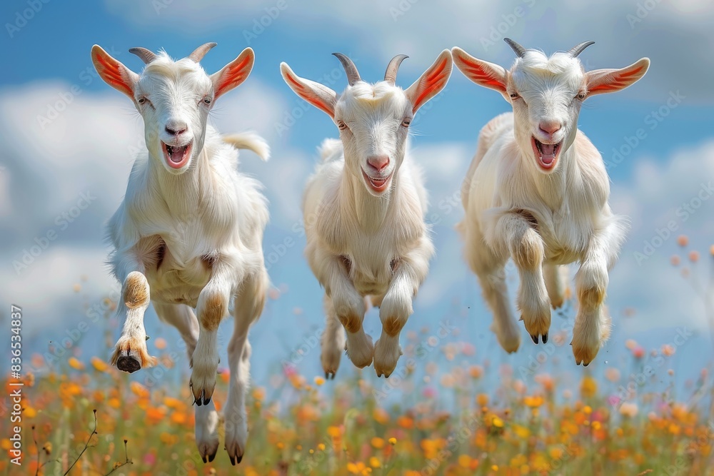 Fototapeta premium Three white goats jump with orange ears highlighting their motion, mouths open for the camera.