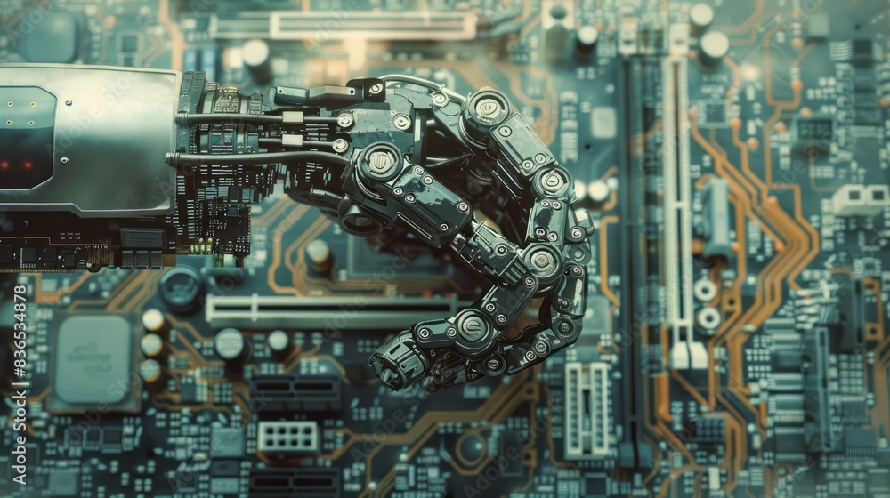 AI robot finger hand on background of future technology auto advanced semiconductor chip motherboard. AI robot finger hand on background of future technology auto advanced semiconductor chip motherboard.