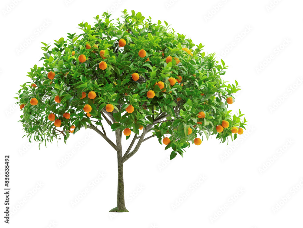 Lush orange tree with ripe fruits on branches, isolated on white background, perfect for agricultural and botanical themes. Lush orange tree with ripe fruits on branches, isolated on white background, perfect for agricultural and botanical themes.