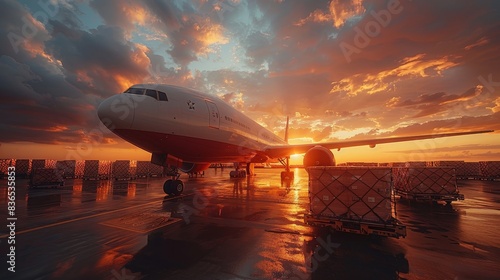 Wallpaper Mural A dramatic sunset over an airport runway, highlighting an airplane and cargo, reflecting on the wet surface after rainfall. Torontodigital.ca
