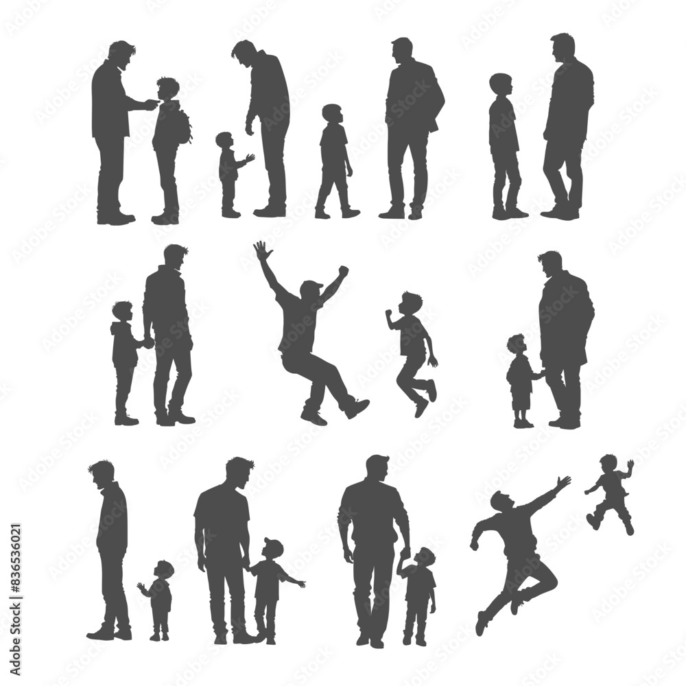 Obraz premium Male silhouettes set. Father and his young son. Concept of Happy Father's day, family holidays celebration, parenthood.