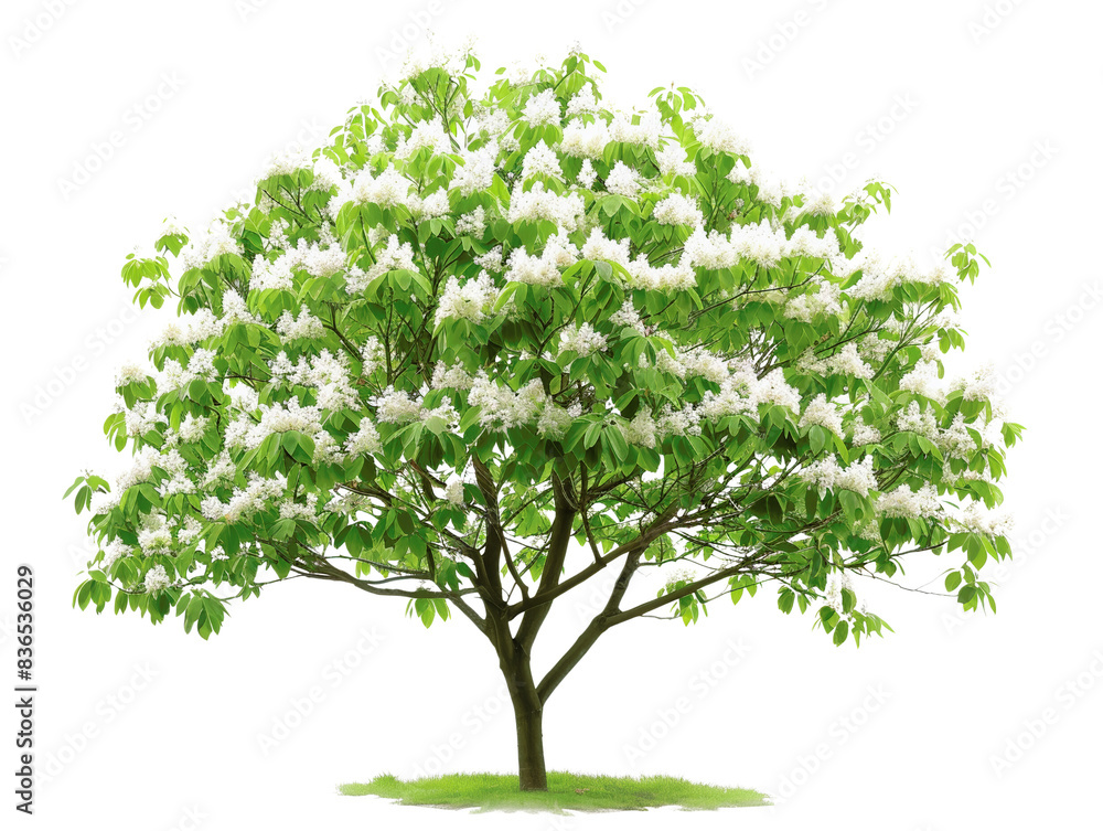 Beautiful blooming tree with lush green leaves and white flowers isolated on a white background. Perfect for use in landscape designs. Beautiful blooming tree with lush green leaves and white flowers isolated on a white background. Perfect for use in landscape designs.