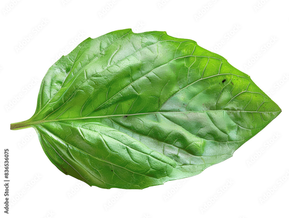 Fototapeta premium Macro shot of a fresh green leaf isolated on white background, showcasing intricate vein details and vibrant color. Perfect for nature-themed designs.