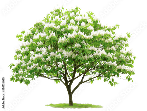 Beautiful blooming tree with lush green leaves and white flowers isolated on a white background. Perfect for use in landscape designs.