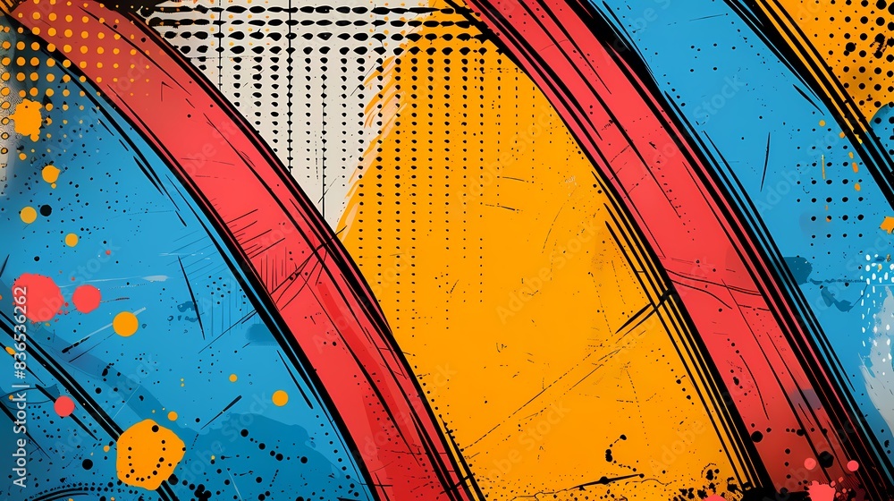 Fototapeta premium Vibrant pop art background with bold colors and geometric patterns, leaving ample space on the left for text. Bright and lively, featuring comic-style elements and halftone dots