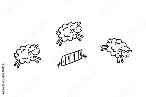 Doodle line cute sheep jumping over fence. Good night sleep poster. Counting sheep to fall asleep. 