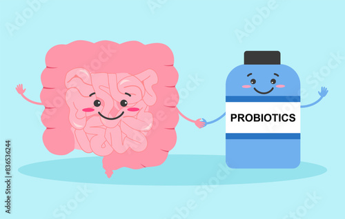 Cute healthy intestine with probiotics bottle cartoon character in flat design.