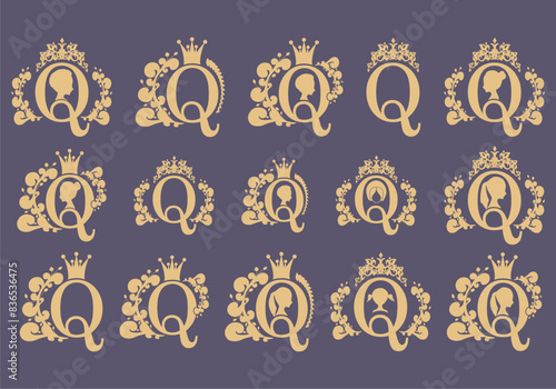 Vintage queen silhouette. Medieval queen profile. Elegant silhouette of a female head. Bun hairstyle. Royal emblem with Q letter decorated by floral pattern. Icons set