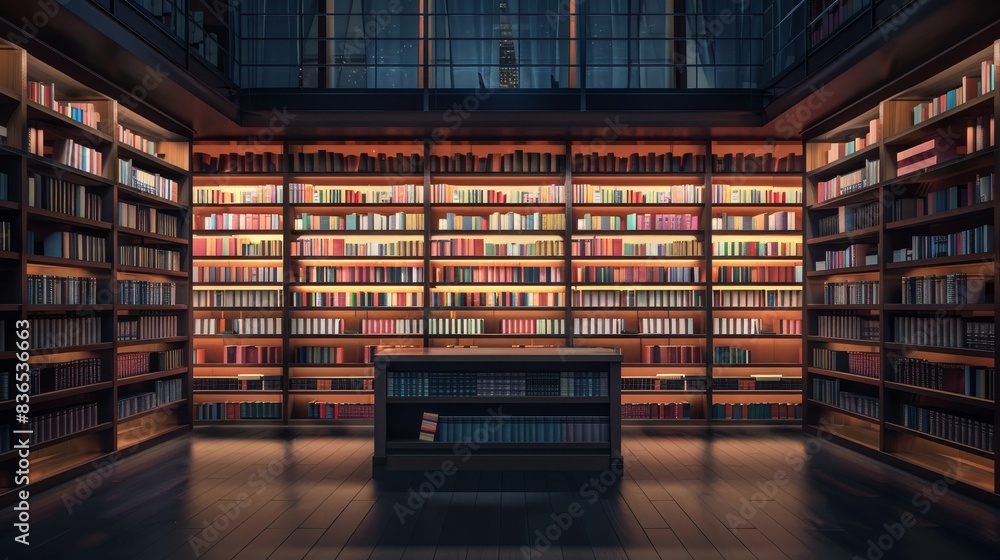 Enchanting Library of Knowledge Vibrant Bookshelves Overflowing with Books in Contemporary Setting Enchanting Library of Knowledge Vibrant Bookshelves Overflowing with Books in Contemporary Setting
