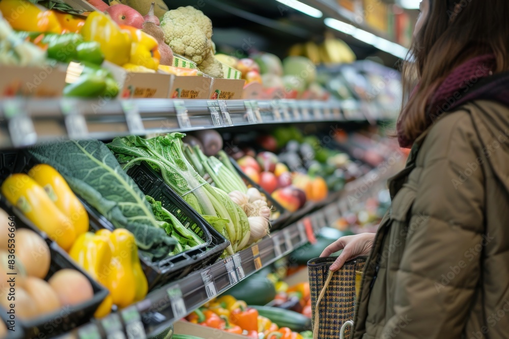 Woman standing in front of a produce section, grocery store
