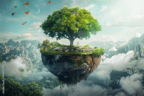 Tree on a floating island with butterflies flying around photo