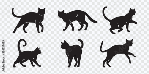 "Dynamic Cat Silhouettes Vector: Various Poses in Black on White Background"