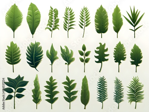 set of green leaves plants isolated on white background