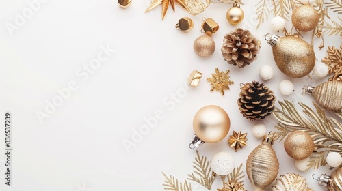 Christmas Flat Lay Background.Beautiful christmas golden shiny decorations on a white background.New Year composition.Holiday card.Top view, copy space