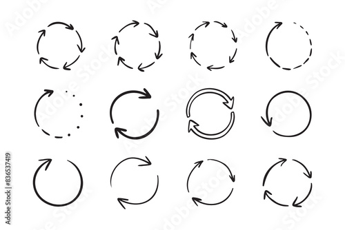 Round circle doodle arrows. Hand drawn arrow icons set. Recycle sketch signs. Repeat line symbols.